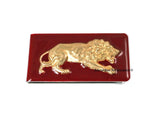 Golden Prowling Lion Money Clip Inlaid in Hand Painted Ox Blood Enamel Neo Victorian Leo with Personalized and Color Options