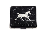 Morgan Horse 7 Day Pill Box with Individual Compartments Inlaid in Hand Painted Black Enamel w Silver Splash Personalized and Custom Color