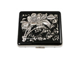 Flower Pill Box with 8 Compartments Inlaid in Hand Painted Black Ink Swirl Enamel Art Nouveau Bouquet Personalize and Color Options