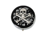Gothic Skull and Crossbones Pill Box Inlaid in Hand Painted Black Ink Swirl Enamel Neo Victorian Pill Case Personalized and Custom Colors
