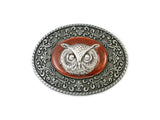 Owl Head Belt Buckle Inlaid in Hand Painted Metallic Copper Enamel Neo Victorian Inspired with Intricate Brocade Etchings with Color Options